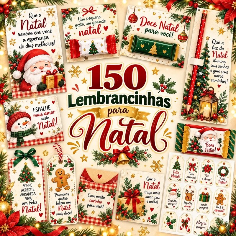 Kit com 150 lembrancinhas para Natal: cartões com Papai Noel e boneco de neve, embalagens para bombom e chocolate, marcador com lápis, envelope e cartela de tags com frases natalinas